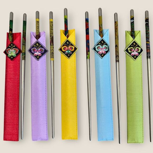 Korean Stainless Chopstick Set of 5 Pairs Painted With Embroidered Holder New - Picture 3 of 8